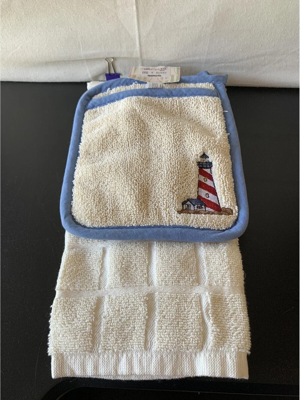 Ritz Hanging Kitchen Towel Lighthouse Embroidered Beige Cotton Nautical